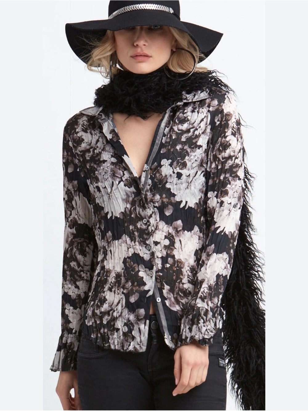 Cino Burnt Bouquet Obsidion Floral Button-Down Viscose Shirt Black & Cream Sz L